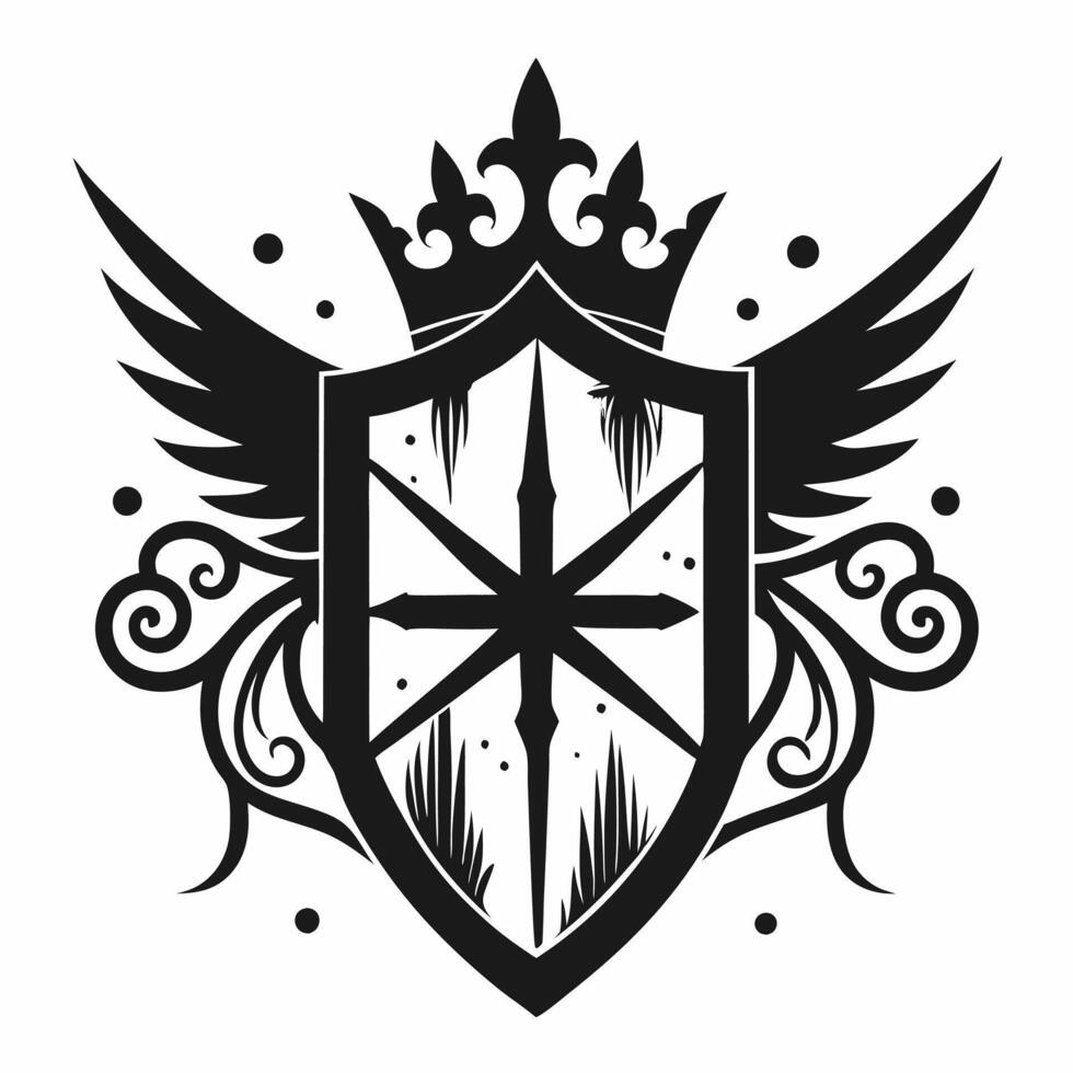 Heraldic Shield with Wings and Crown Gothic Emblem Design vector