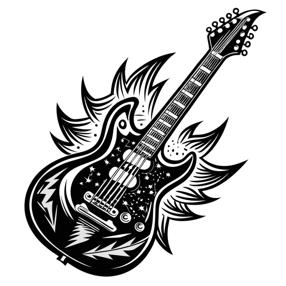 Stylized Electric Guitar with Musical Flames and Star Patterns vector