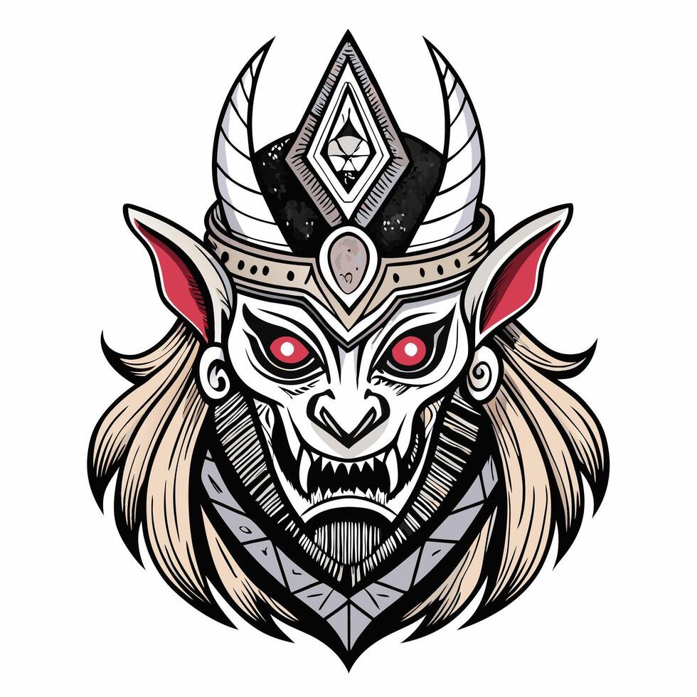 Intricate Tribal Demon Mask Illustration with Horns and Red Eyes vector