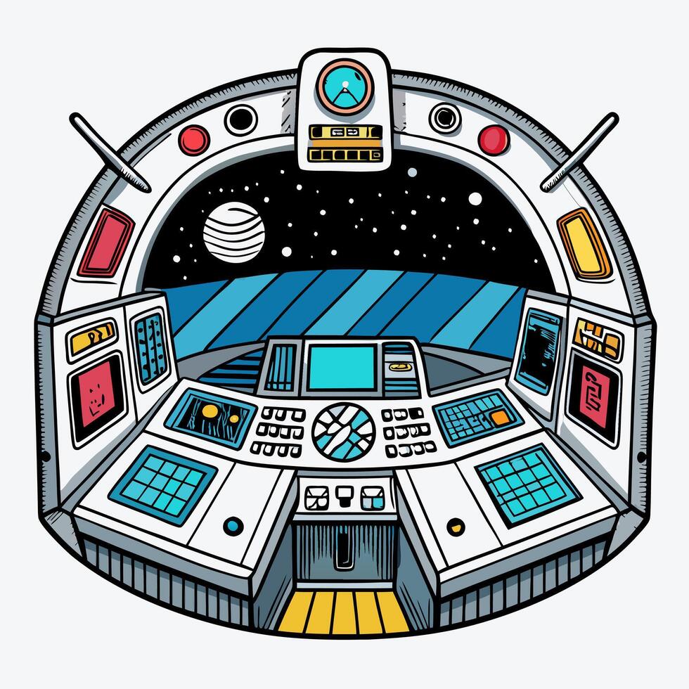 Futuristic Spacecraft Cockpit with Starry Sky and Planetary View Illustration vector