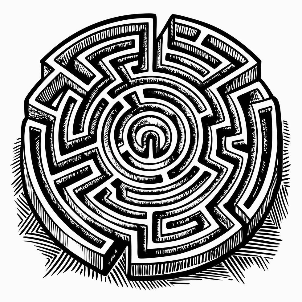 Intricate Hand Drawn Circular Maze Illustration with Complex Pathways vector