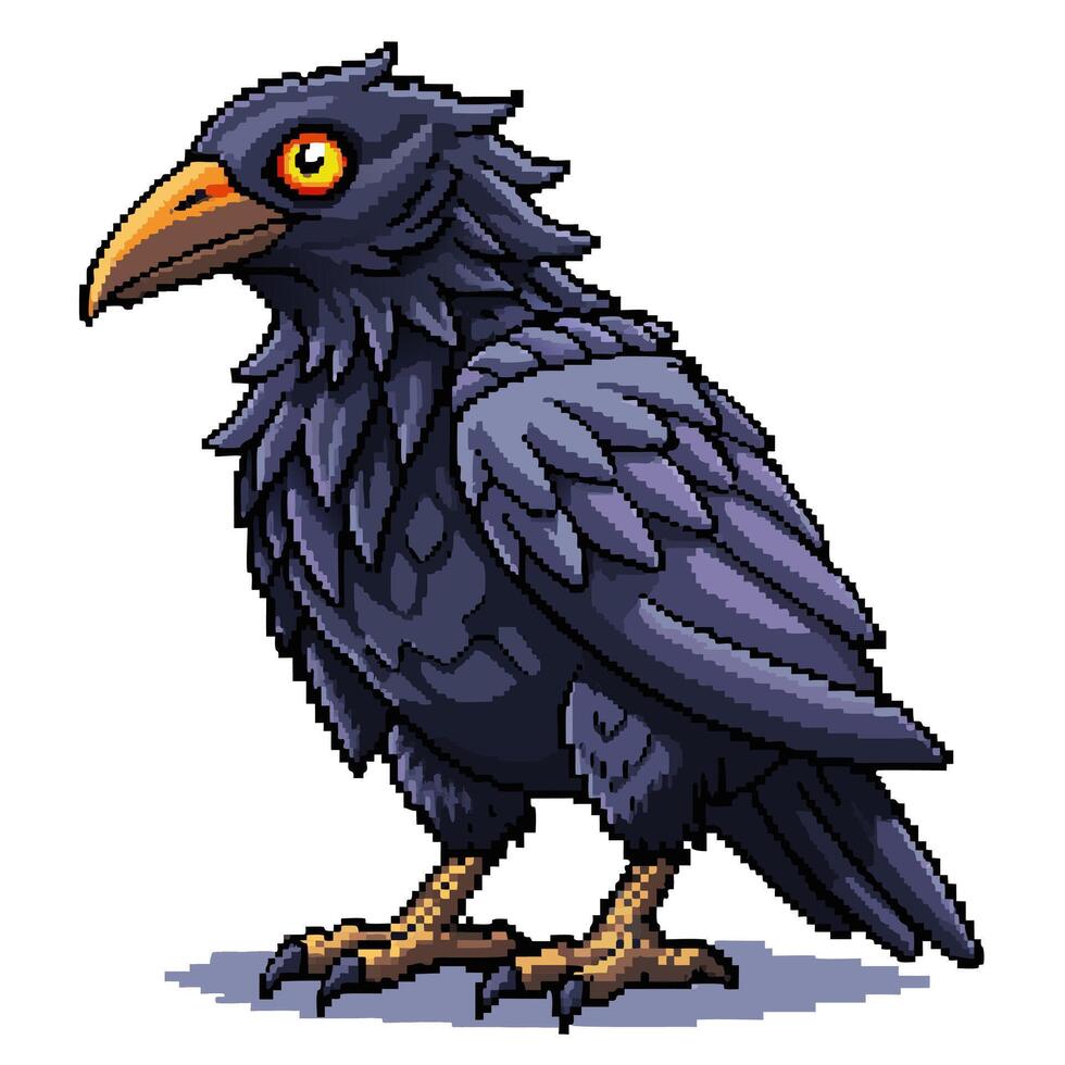 Pixel Art Crow Illustration with Bright Eyes and Detailed Feathers vector