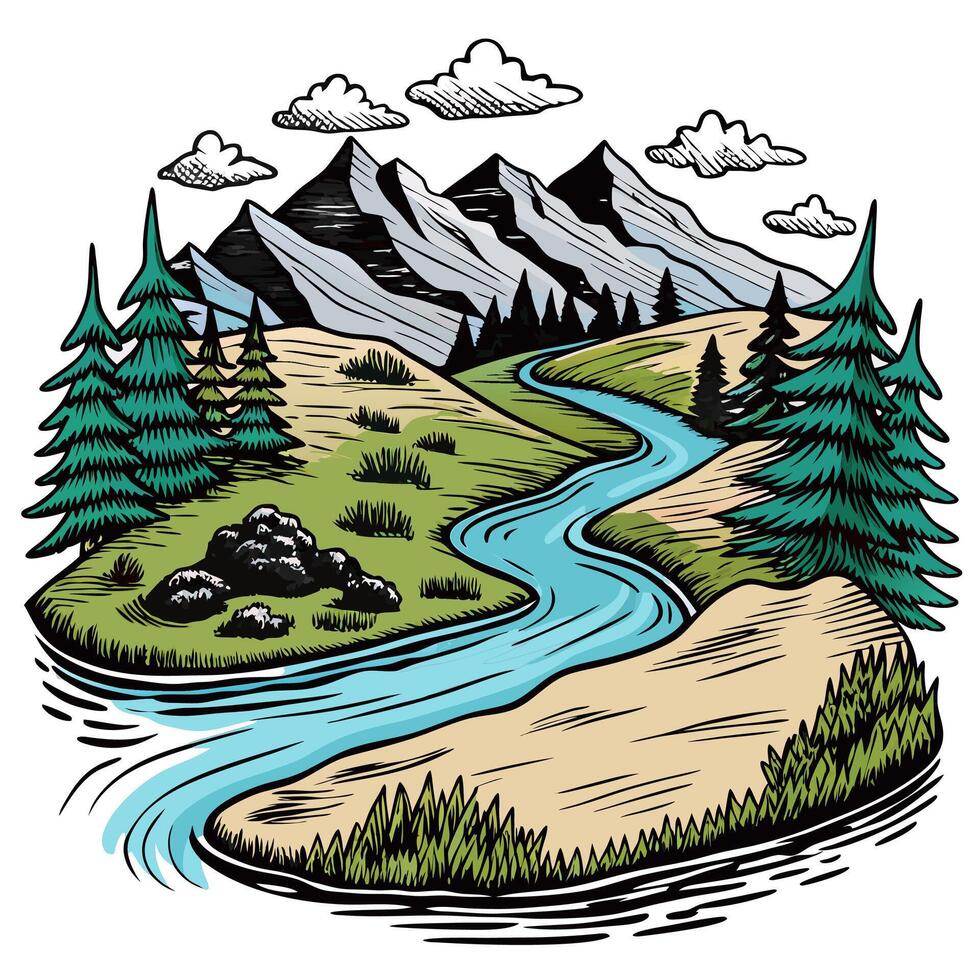 Scenic Landscape with River, Pine Trees, and Snow Capped Mountains Illustration vector