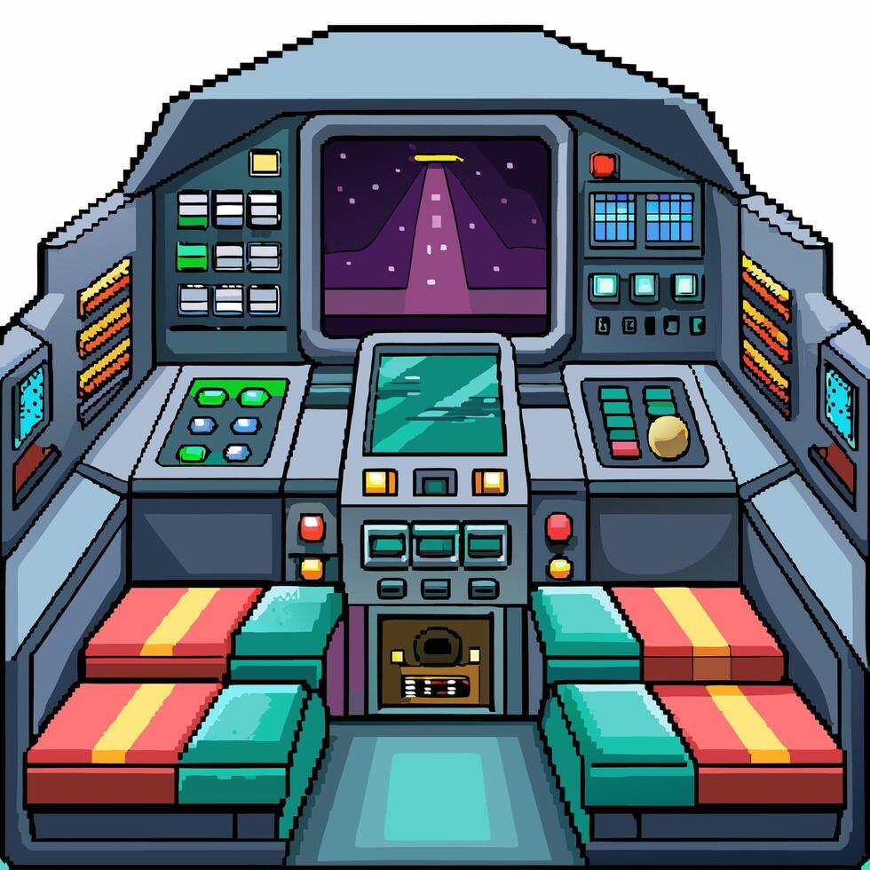 Futuristic Spaceship Cockpit with Starry Sky and Control Panels vector