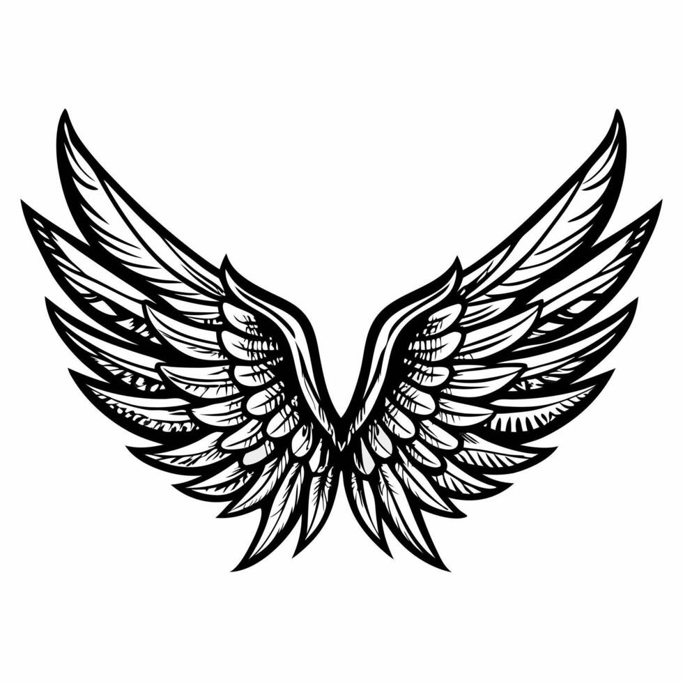 Detailed Black and White Sketch of Intricate Angel Wings for Tattoo Design vector