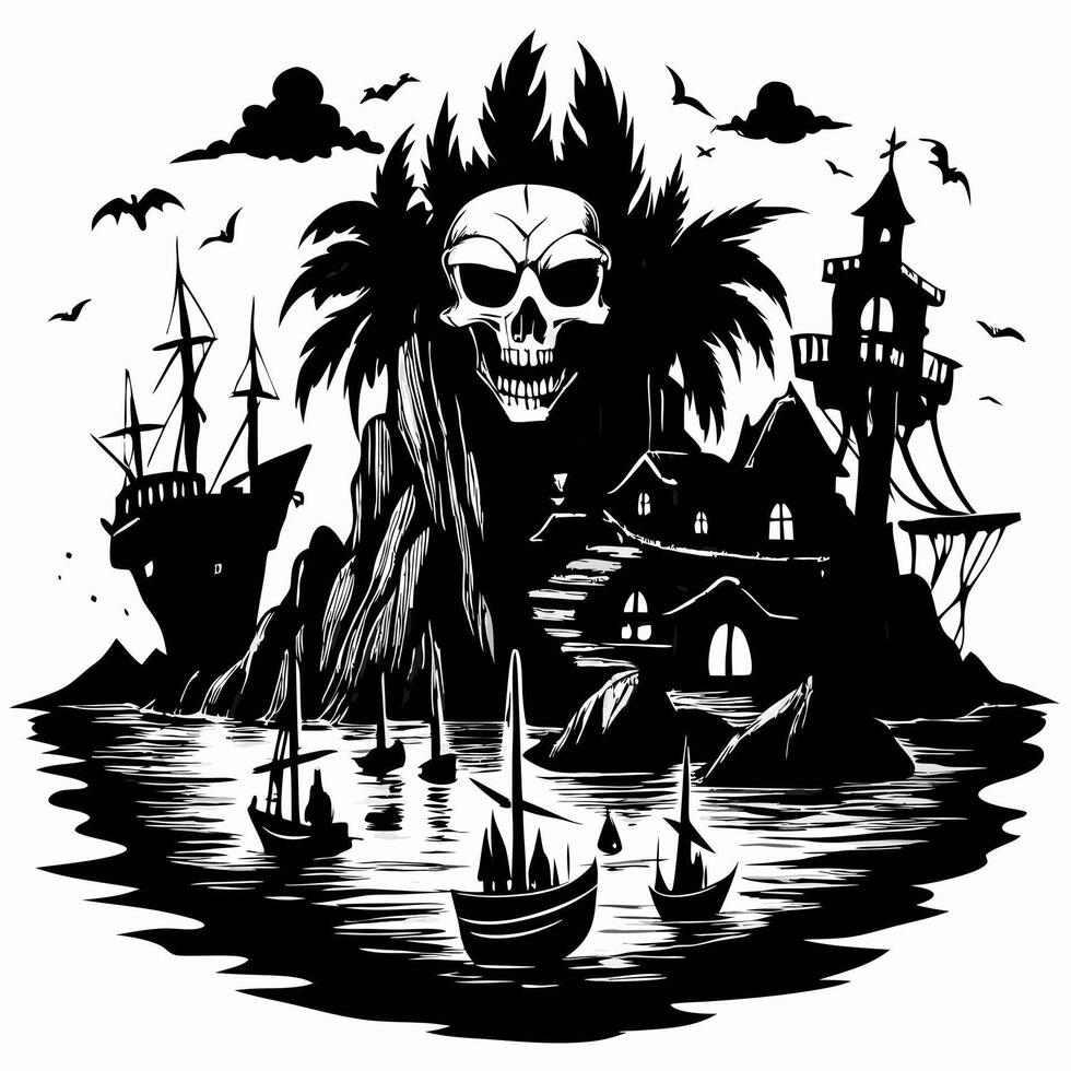Spooky Pirate Island with Skull Cave, Shipwreck, and Lighthouse Silhouette vector