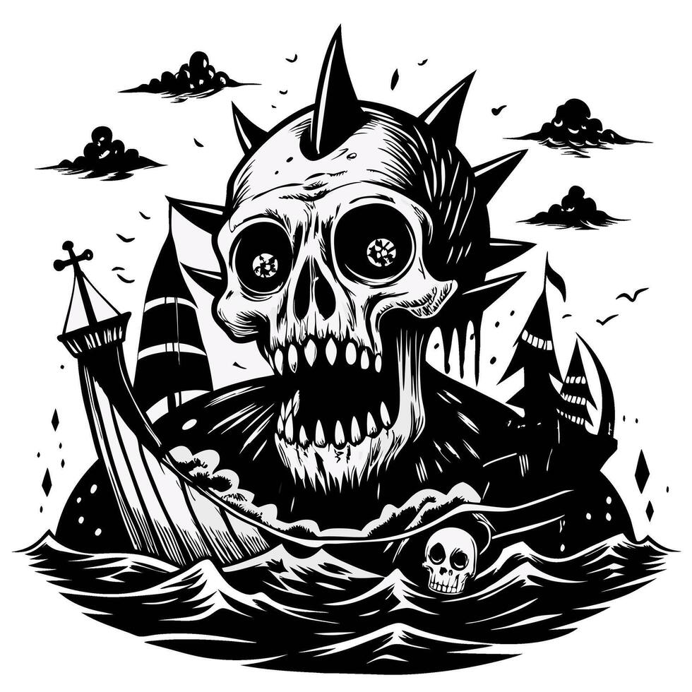 Gothic skull illustration with shipwreck and stormy sea depicting dark fantasy art vector
