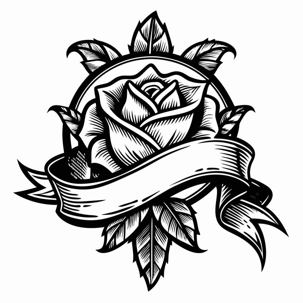 Vintage Black and White Rose with Banner for Tattoo Design and Graphic Art vector