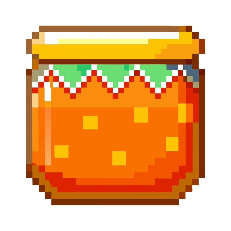 Pixel art jar of orange jam with a colorful lid in retro style vector