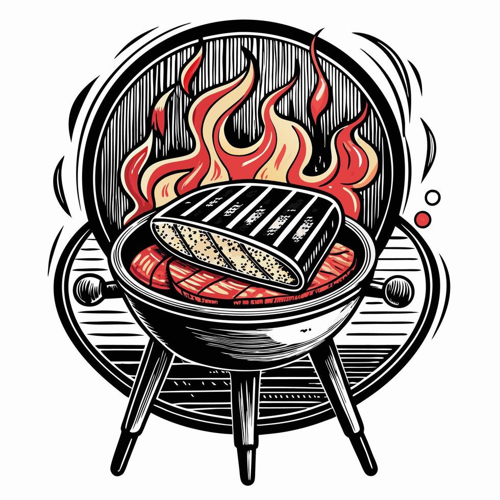 Retro BBQ Illustration Grilled Steak on Flaming Charcoal Grill in Vintage Style vector