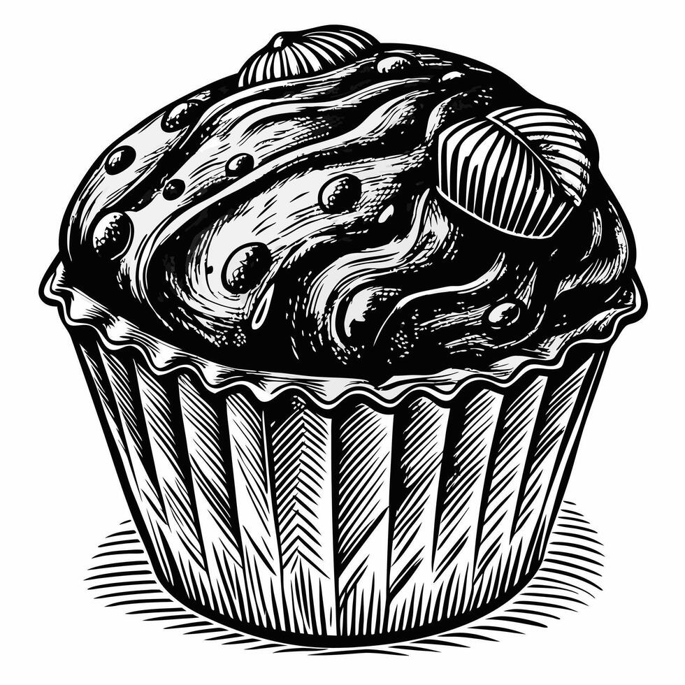 Vintage Style Cupcake Illustration with Chocolate Topping vector