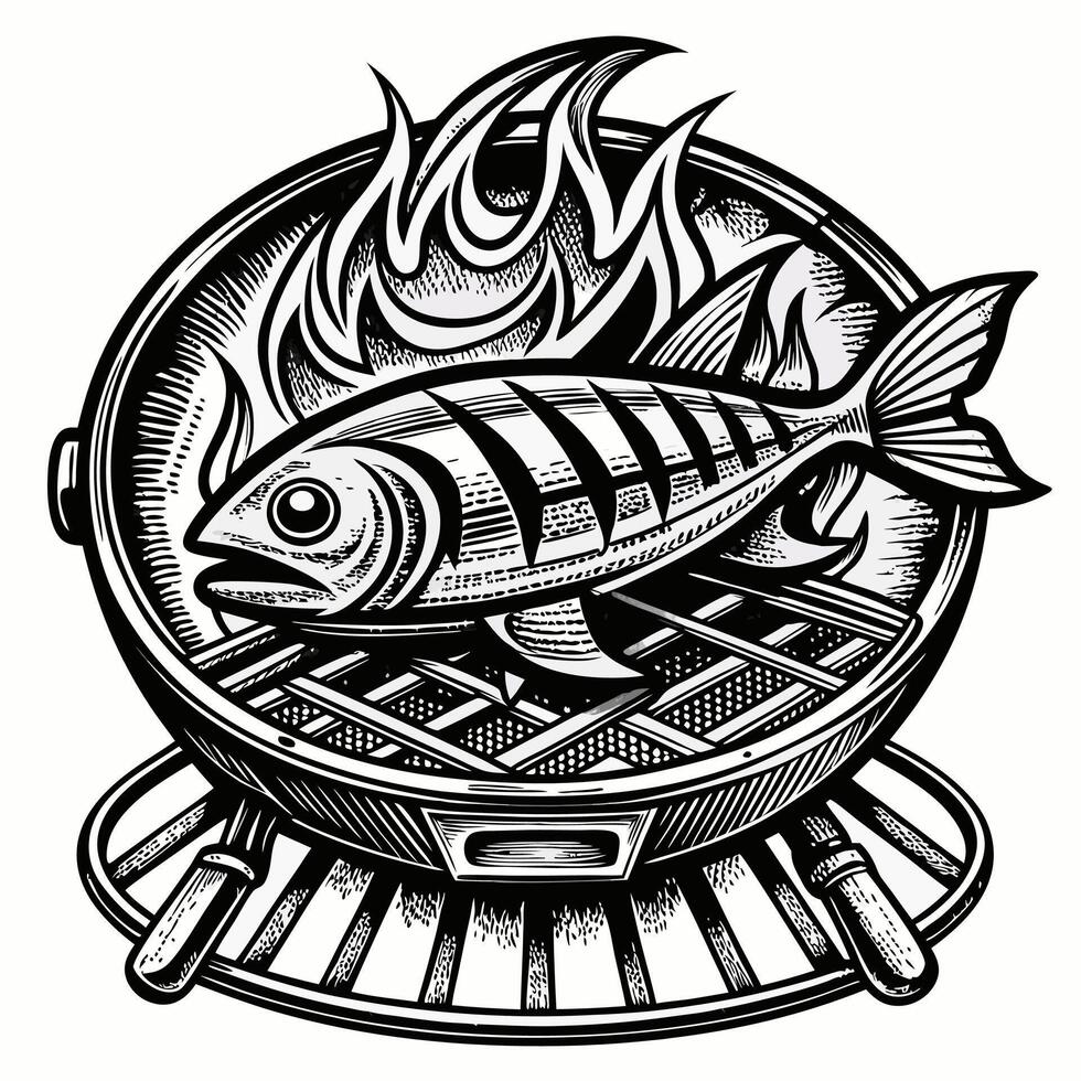 Retro Grilled Fish Illustration with Flames in Vintage Style vector