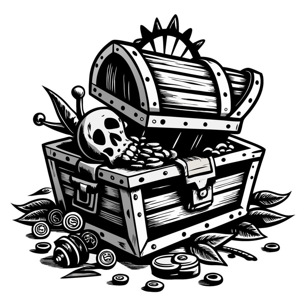 Open treasure chest with coins, skull, and leaves in a black and white illustration vector