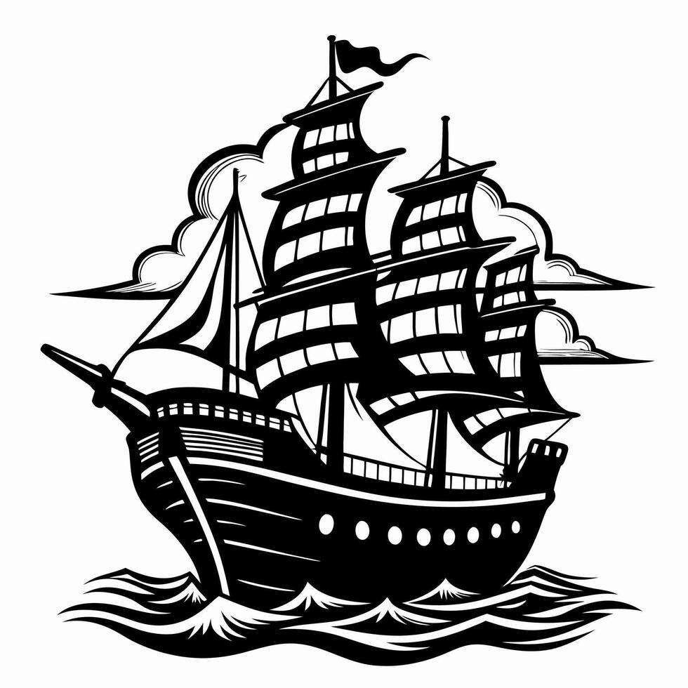 Classic Sailing Ship in Black and White Illustration on Ocean Waves vector