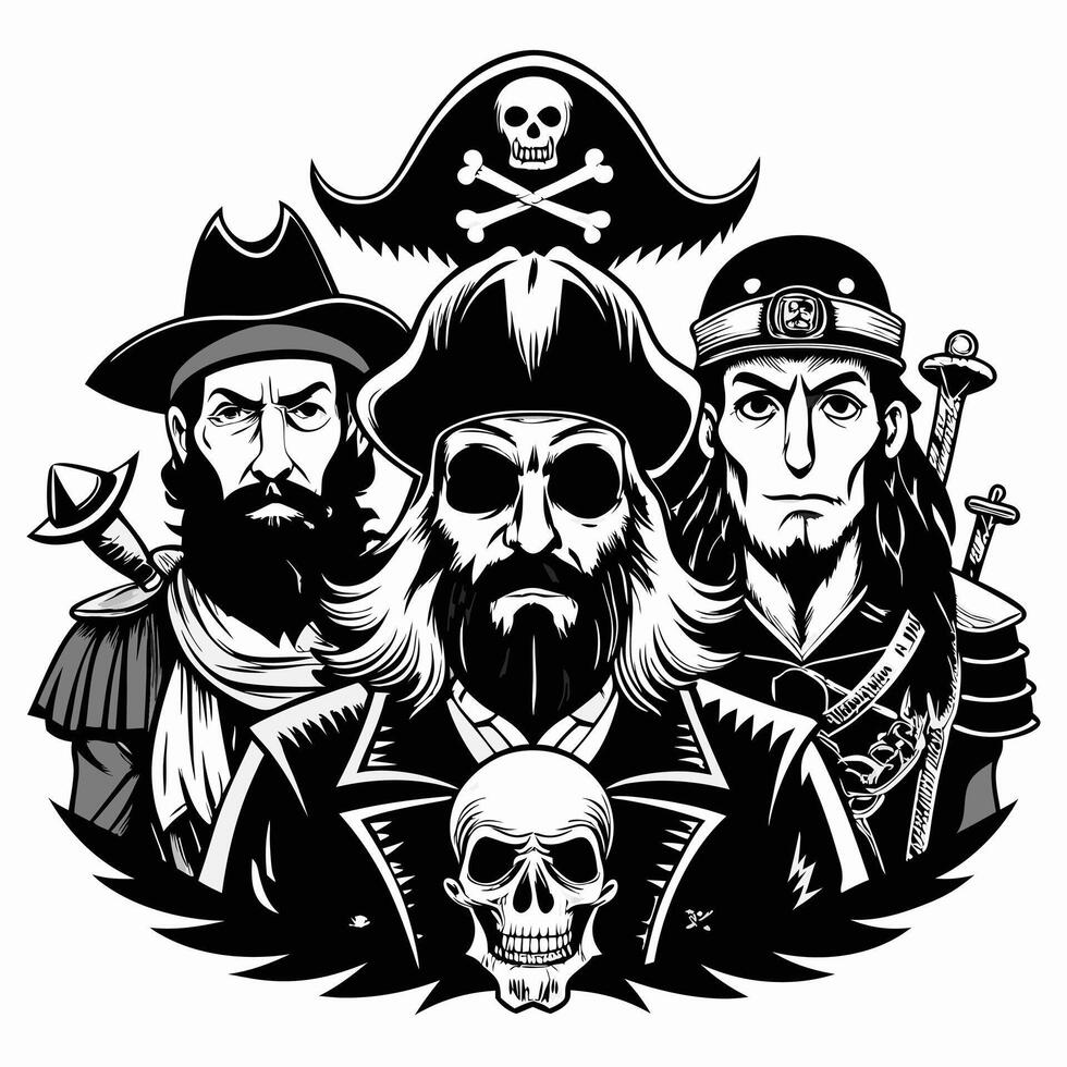 Monochrome Illustration of Pirate Crew with Skulls and Swords vector