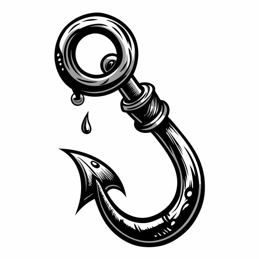 Intricate Black and White Fishing Hook Illustration with Water Drop vector
