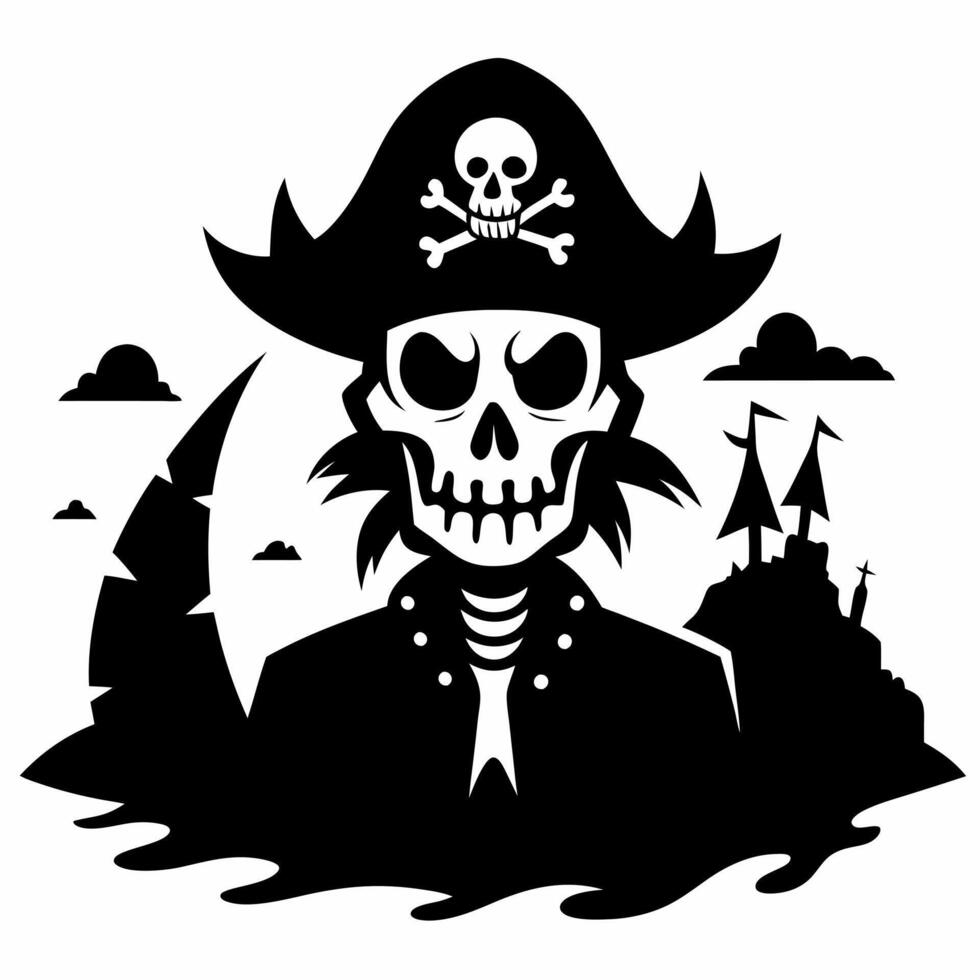Pirate Skeleton with Hat and Skull Emblem Overlooking Spooky Island Silhouette vector