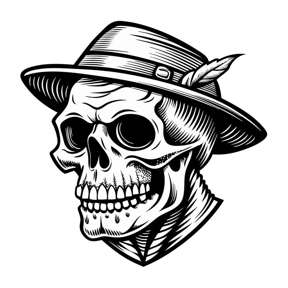 Vintage skull with a hat illustration featuring intricate details and a feather accent vector