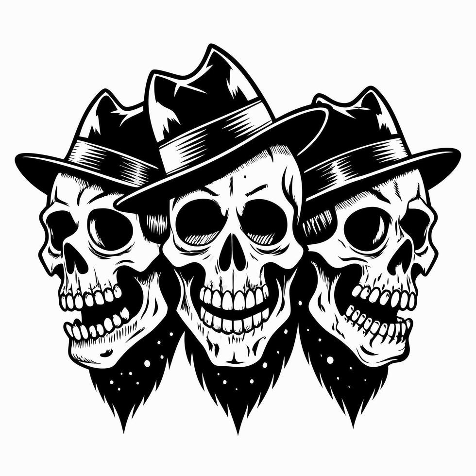 Three Vintage Skulls in Hats Retro Illustration of Skull Trio with Beards vector