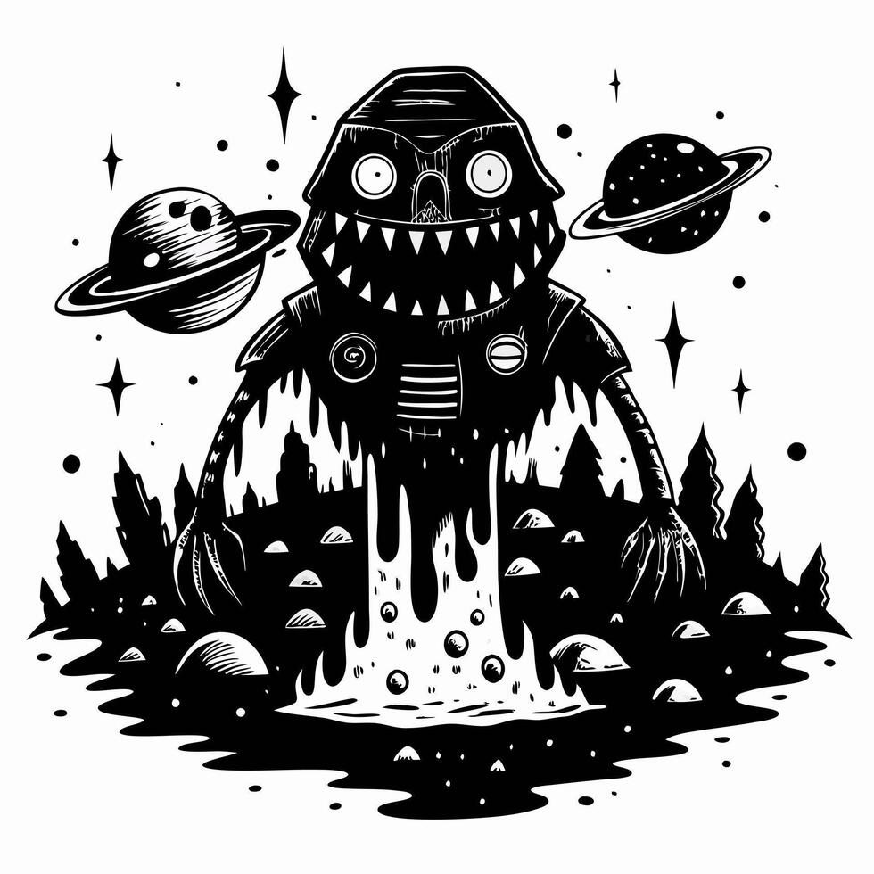 Alien Monster in Space with Planets and Stars Black and White Illustration vector