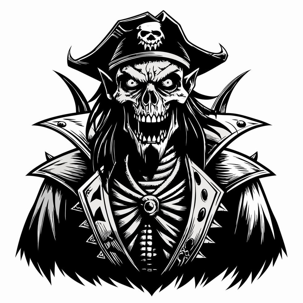 Monochrome Illustration of a Skeleton Pirate with Hat and Jacket in Gothic Style vector