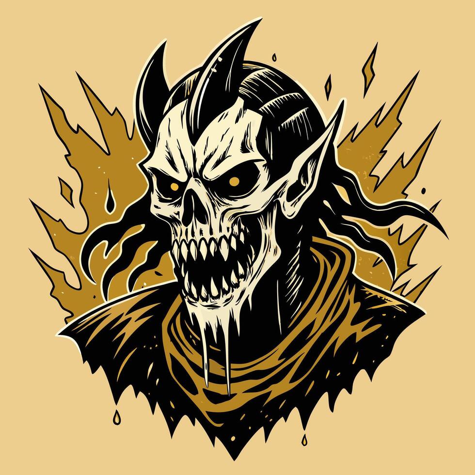 Eerie Demon Skull Illustration with Fiery Background and Horns vector