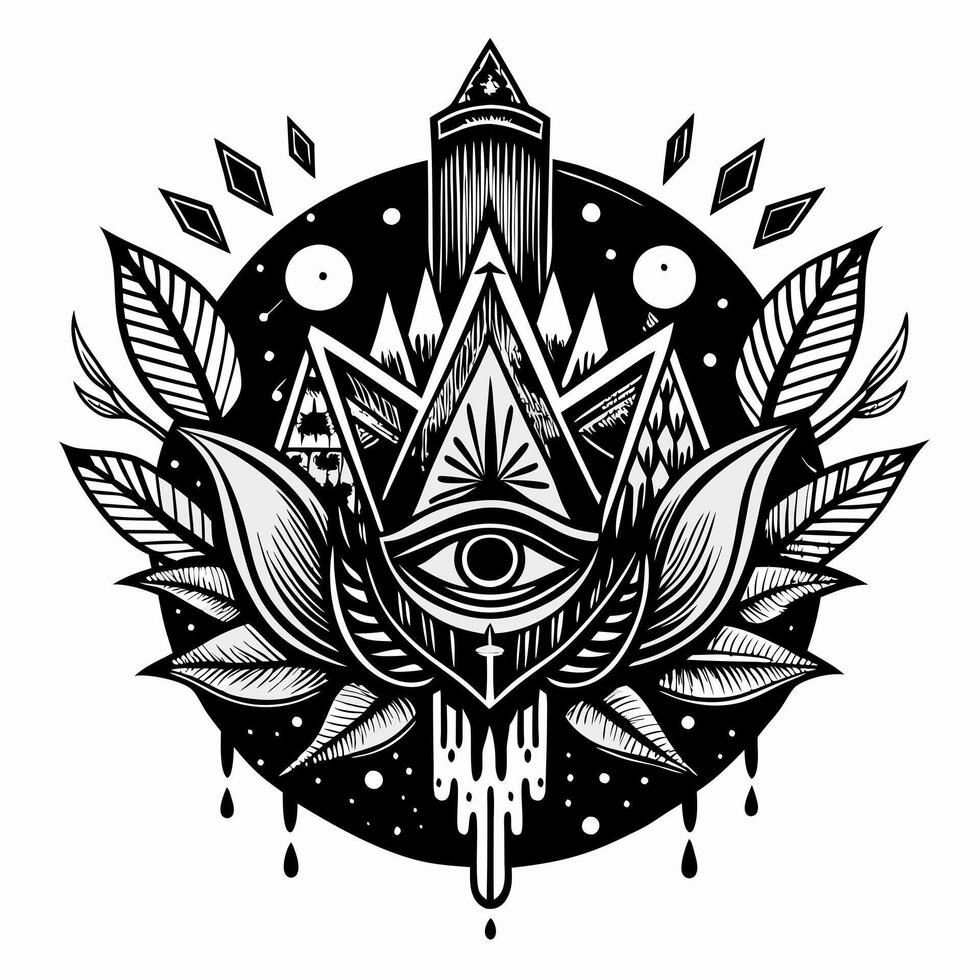 Mystical Symbolism Monochrome Geometric Design with All Seeing Eye, Leaves, and Celestial Motifs vector