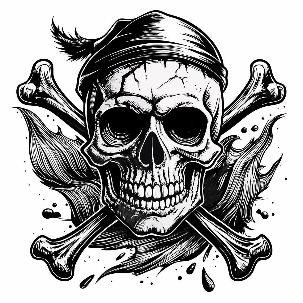 Intricate Pirate Skull with Crossbones and Bandana Illustration in Black and White vector