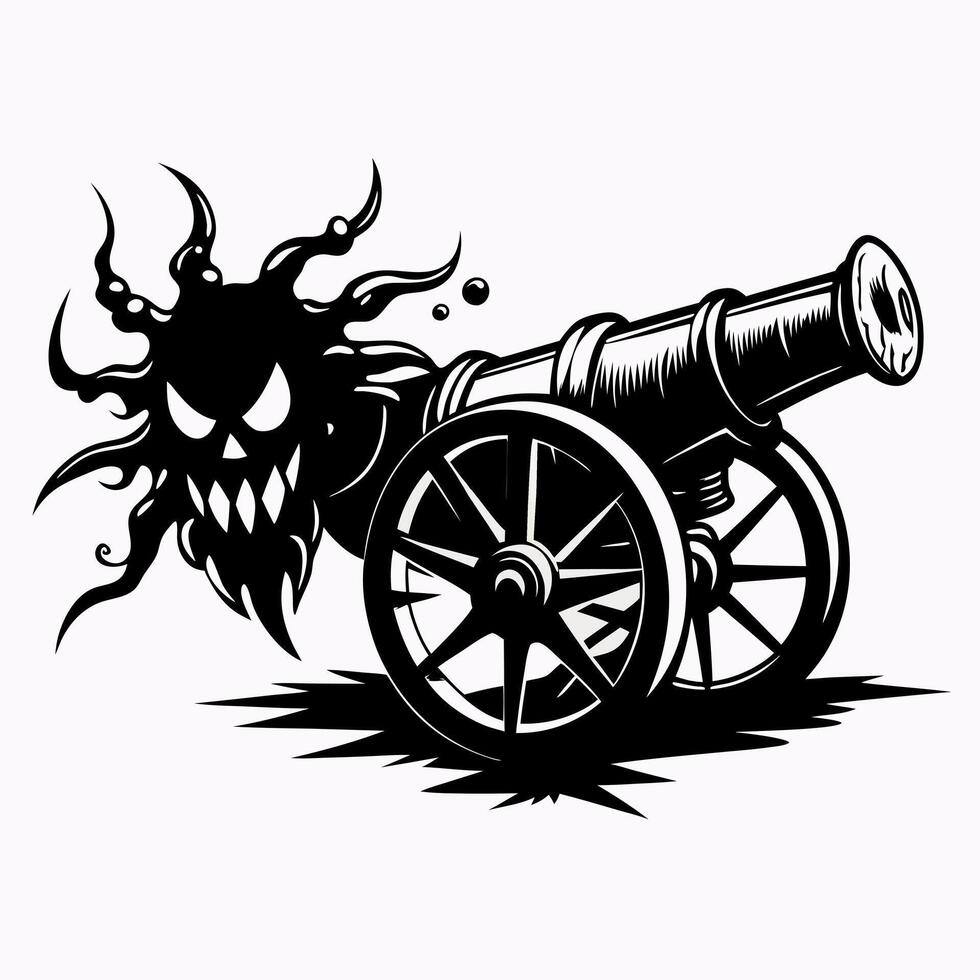 Vintage Cannon with Spooky Ghost Retro Halloween Illustration vector