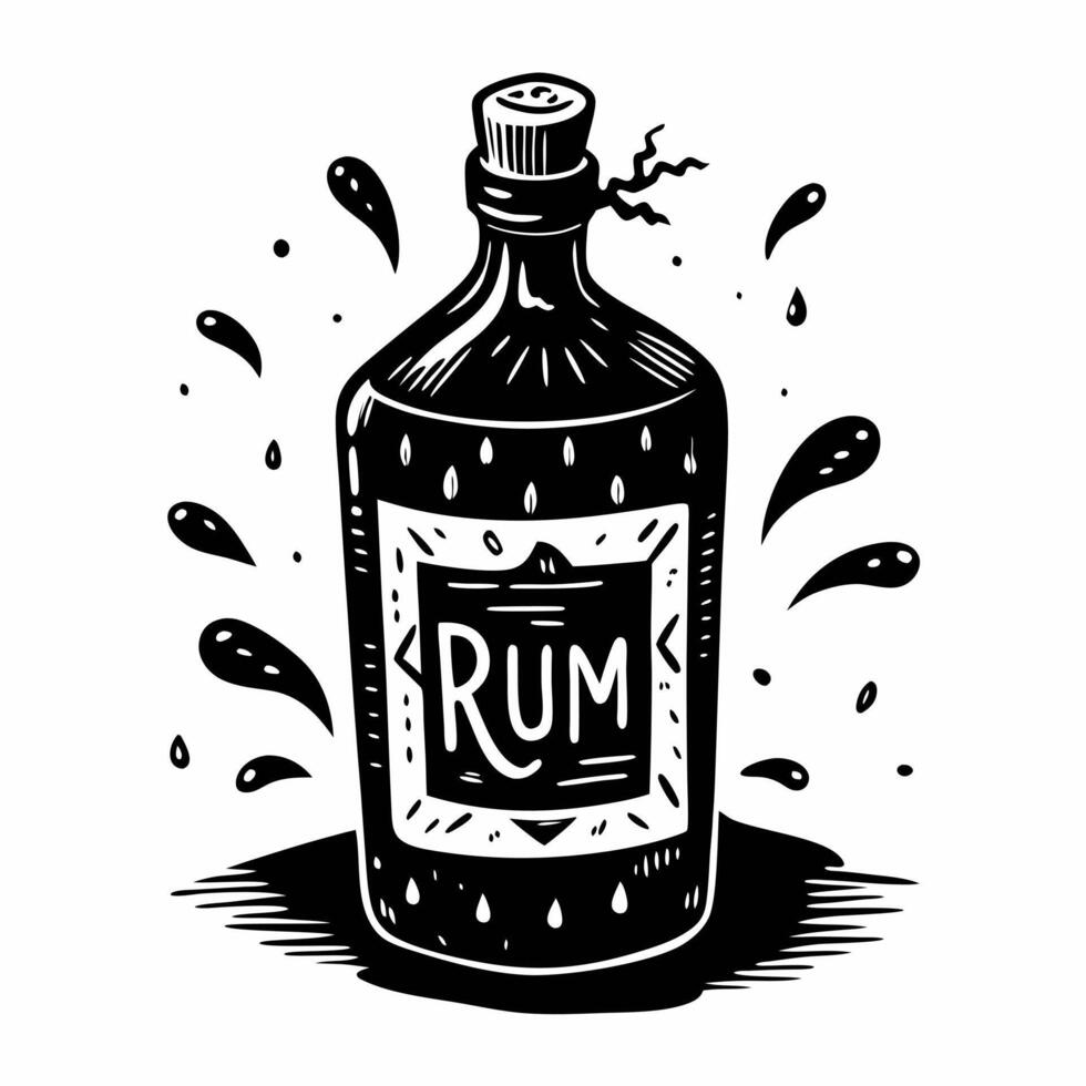 Hand Drawn Rum Bottle Illustration with Artistic Splash Elements in Black and White vector