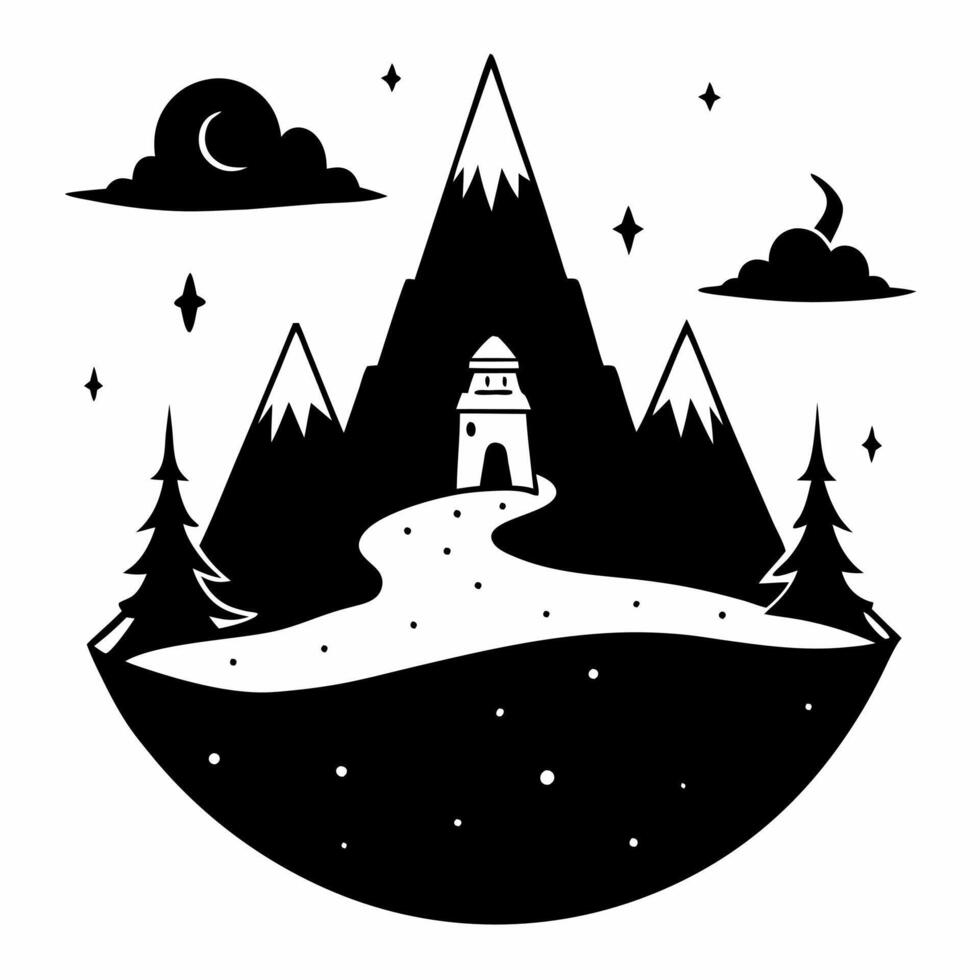Monochrome Mountain Landscape with Lighthouse and Starry Night Sky vector