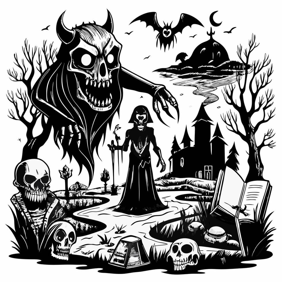 Haunted Landscape with Ghostly Apparition in Spooky Forest vector