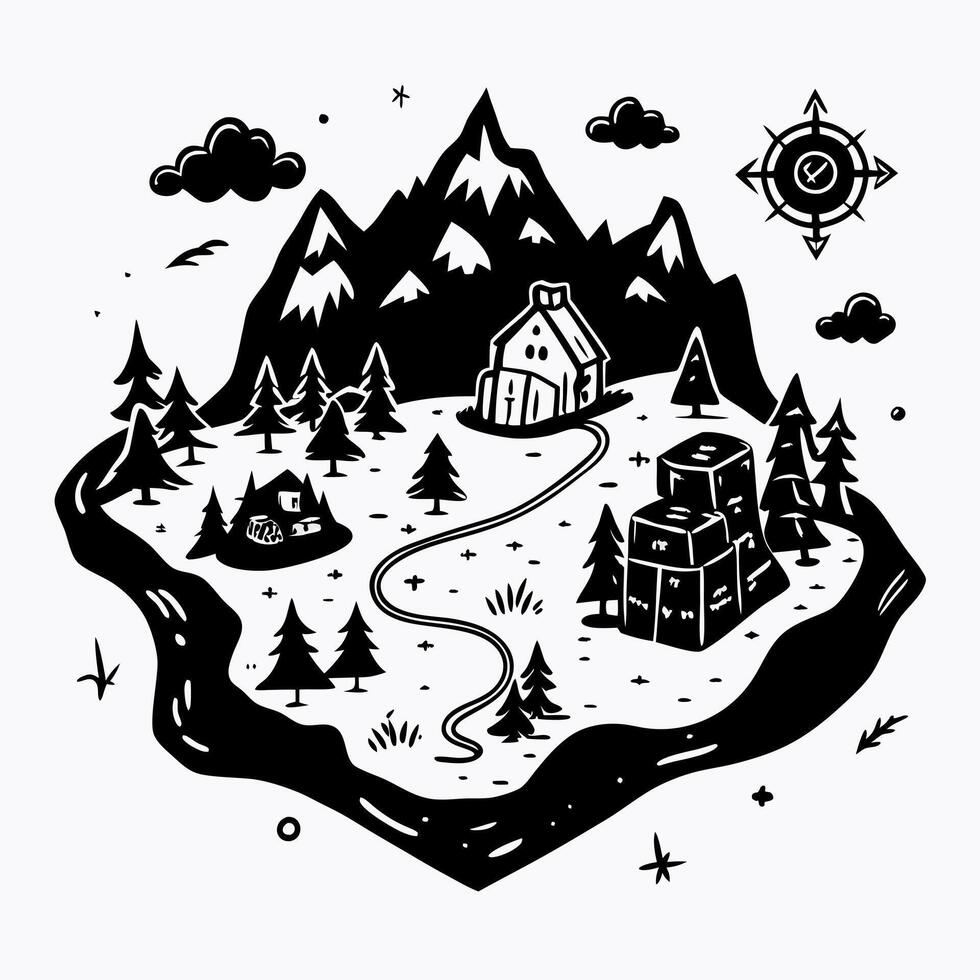 Minimalist Mountain Landscape Illustration with Cabin and Compass vector