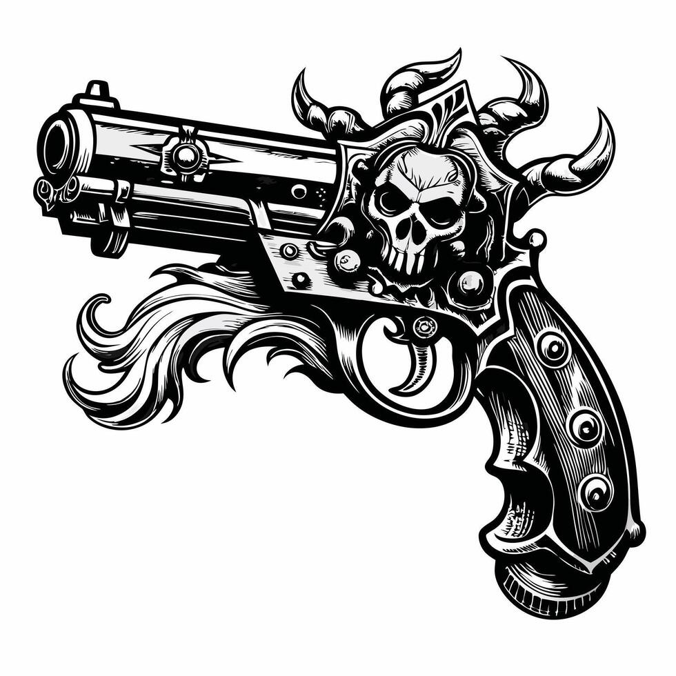 Intricate Skull Gun Illustration with Gothic Elements and Flames vector
