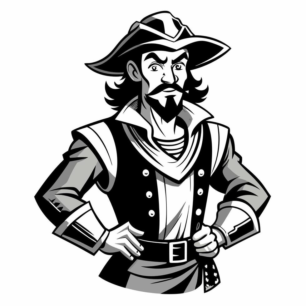 Vintage Pirate Character Illustration in Classic Black and White Style vector