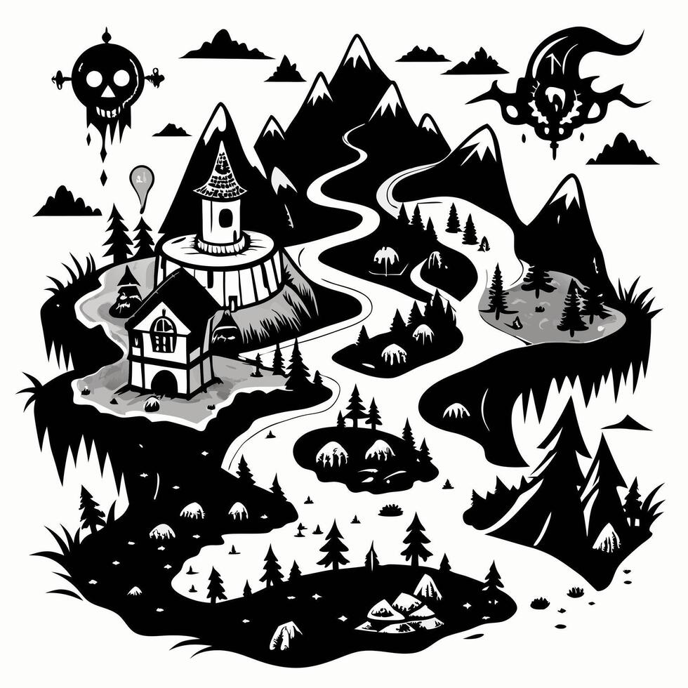 Black and White Fantasy Map with Mountains and Mysterious Castles vector