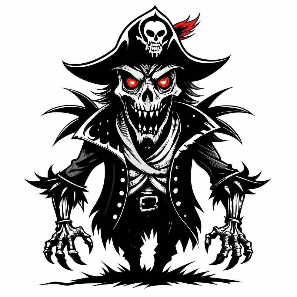 Eerie Pirate Skeleton with Red Eyes and Skull Hat Illustration for Fantasy Themes vector