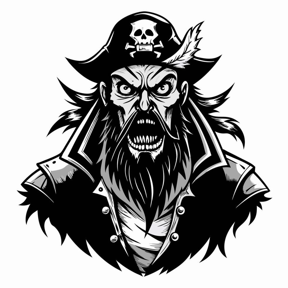 Fierce Pirate Captain Illustration with Skull Hat and Bearded Expression vector
