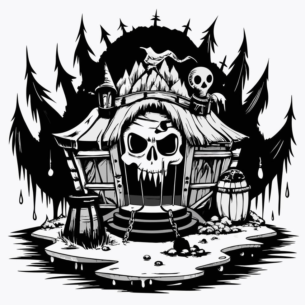 Spooky Cabin in Forest with Skull Decor and Creepy Atmosphere vector