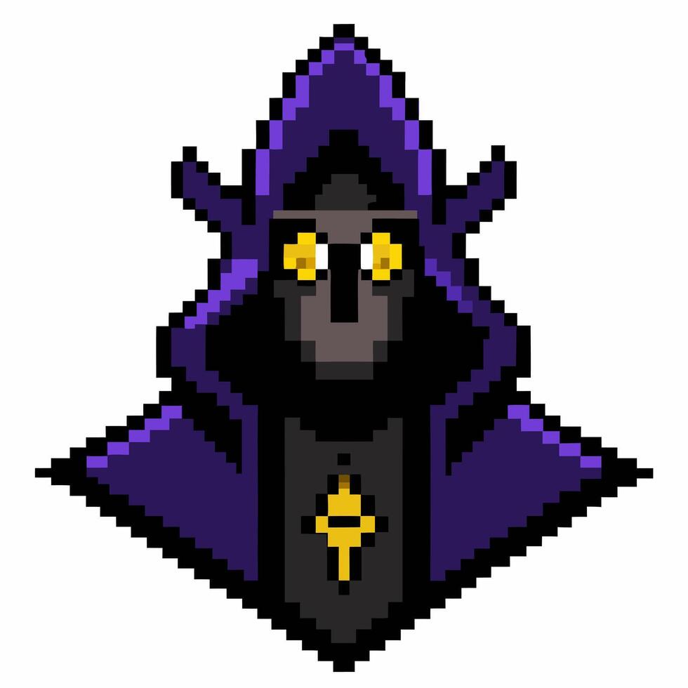 Pixel Art Mystical Hooded Figure with Glowing Eyes and Purple Cloak vector