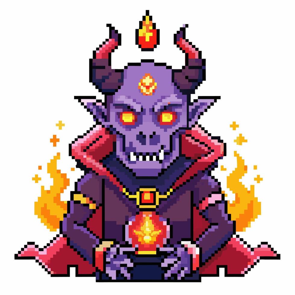 Pixel Art Demon Character with Flames and Magical Orb in Retro Game Style vector