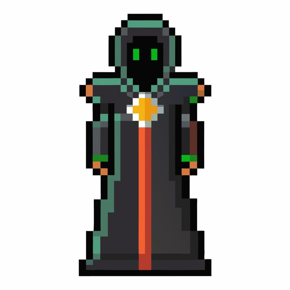 Retro Pixel Art Dark Robed Character with Green Eyes and Mystical Symbol vector