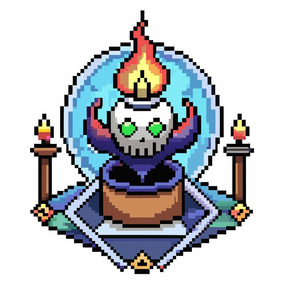 Pixel Art Candle Skull with Flames and Mystical Background in Retro Game Style vector