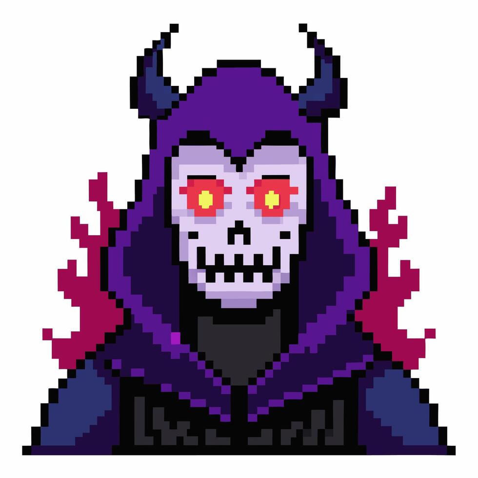 Pixel Art Dark Skull Demon with Glowing Eyes and Purple Flames vector