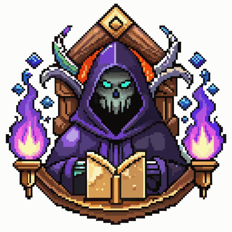 Pixel Art Hooded Skeleton Reading a Book with Magical Flames and Dark Background vector