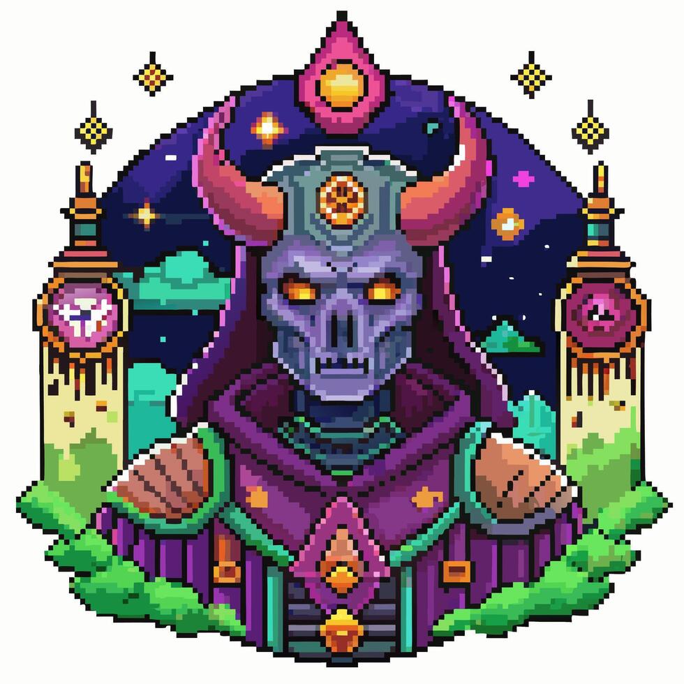 Pixel Art Fantasy Character Skull Wizard with Mystical Background vector