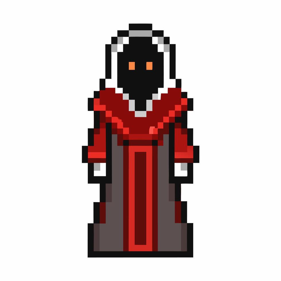 Pixel Art Dark Hooded Figure in Red Robe Retro 8 Bit Style Character Design vector