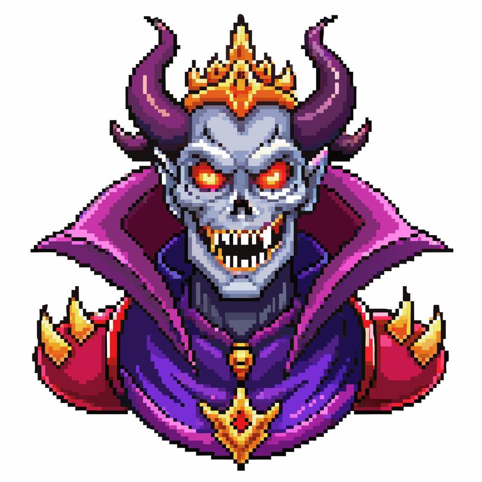 Pixel Art Evil Skeleton King with Crown and Purple Robe Illustration vector