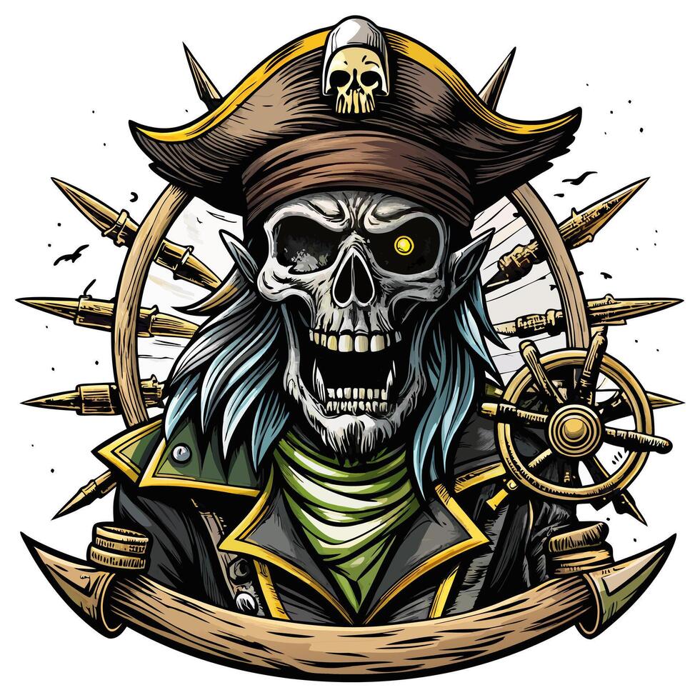 Skeleton Pirate Captain with Nautical Wheel and Cannon Illustration vector