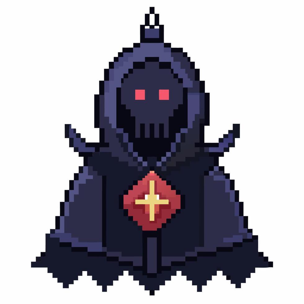 Pixel Art Hooded Skeleton Character with Red Eyes and Gemstone on Chest vector